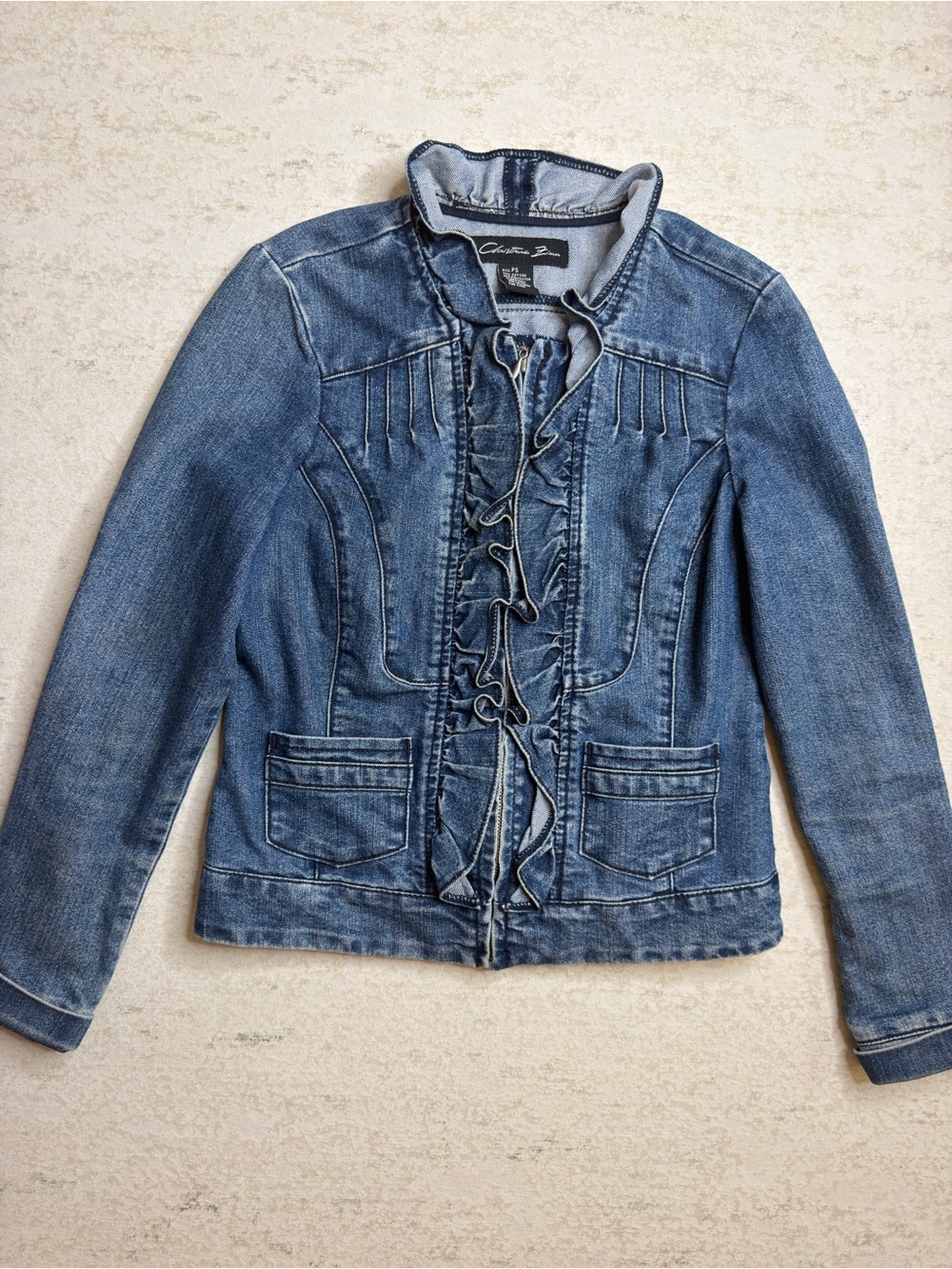 Vtg Blue Denim Jacket Womens Petite Small Ruffled Romantic Y2K Western Girly